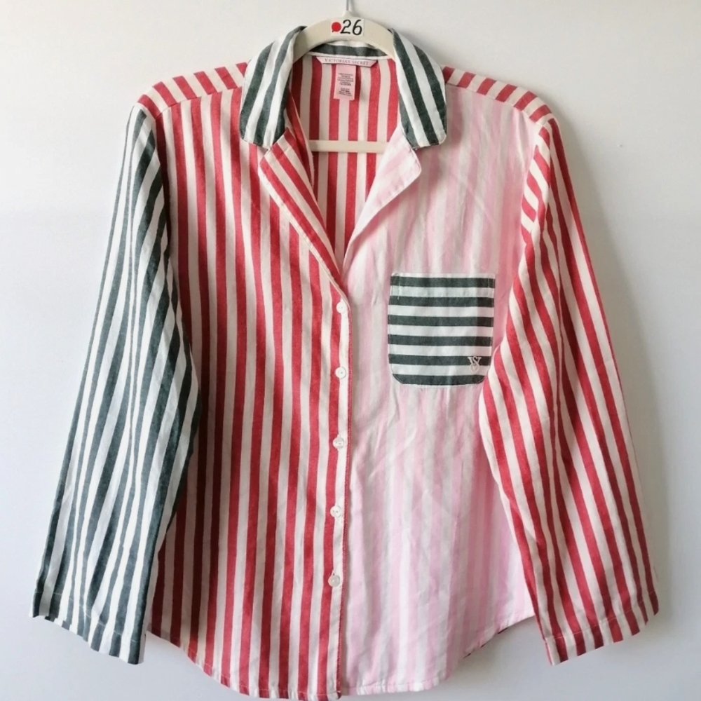 Victoria's Secret Pink and Green Striped Cotton Pajama Top and Bottoms